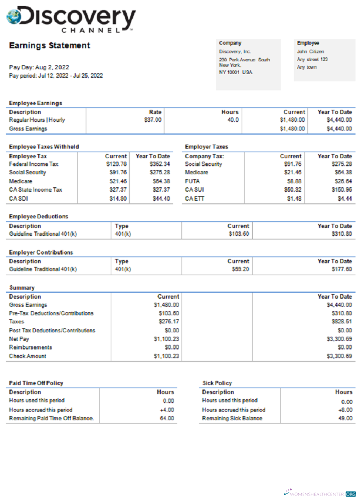 Download USA Discovery Inc. entertainment company pay stub Photoshop template